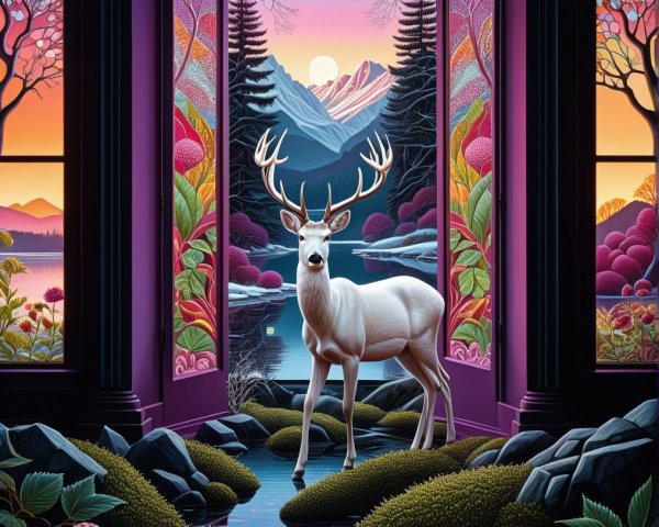 Majestic white deer in vibrant enchanted landscape