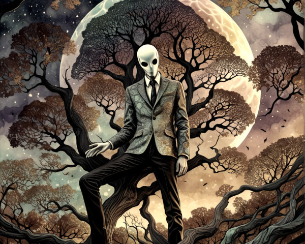 Tall figure on a branch with a white mask and suit