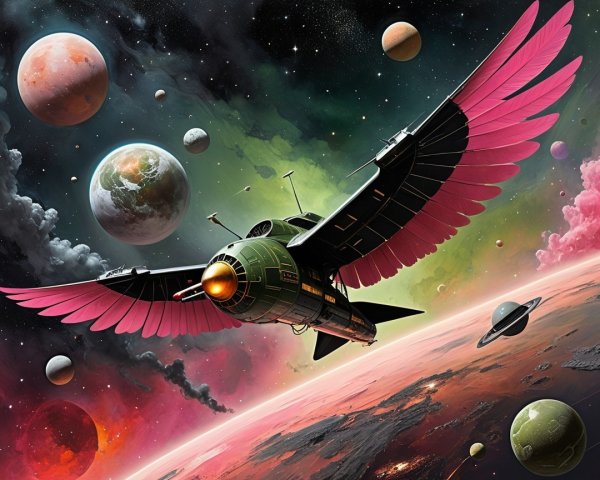 Surreal Cosmic Scene with Bird-Like Spacecraft