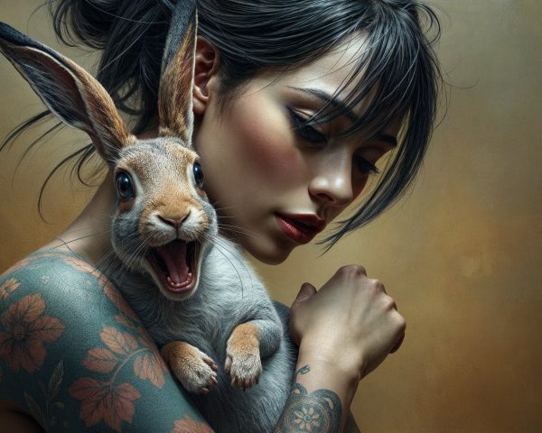 Portrait of a Young Woman with a Joyful Rabbit