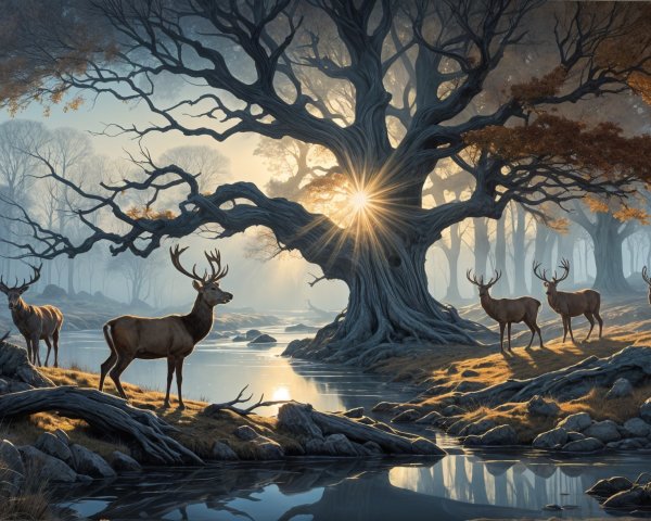 Serene Autumn Landscape with Majestic Tree and Deer