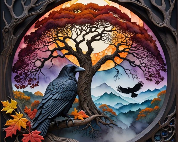 Stylized raven on branch with autumn leaves backdrop