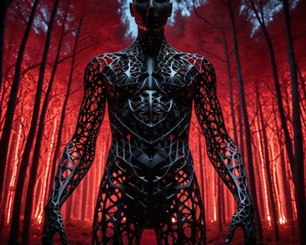 Surreal Forest with Black Humanoid Figure in Red Light