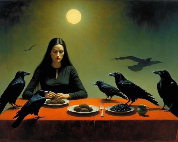 Solemn Woman with Ravens in Dimly Lit Setting