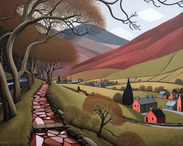 Serene Landscape with Winding Path and Village Scene