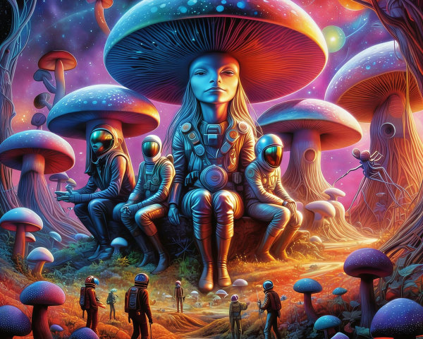 Otherworldly Landscape with Glowing Mushrooms and Astronauts