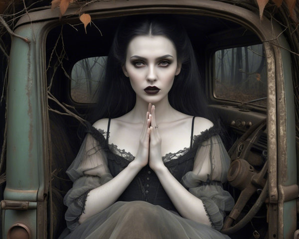 Eerie Gothic Scene with Woman in Vintage Car