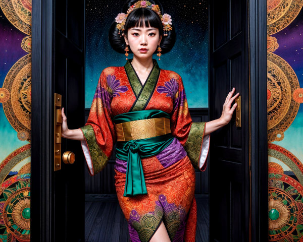 Portrait of a woman in vibrant kimono by ornate door