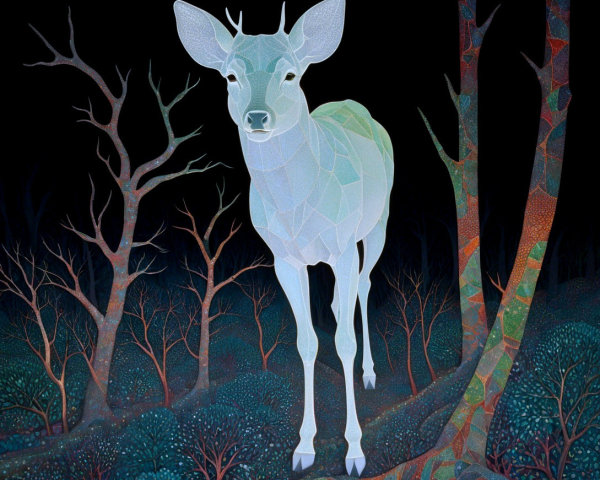 Translucent deer in a dark forest with geometric shapes