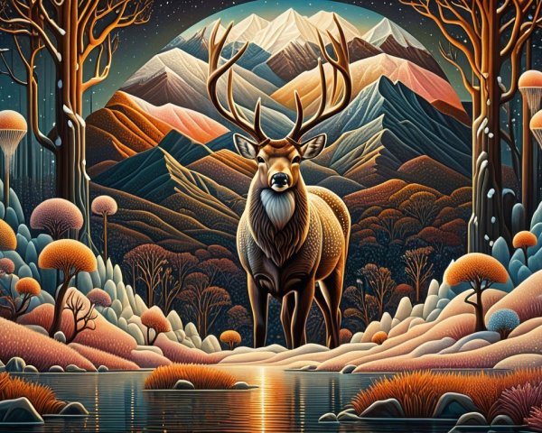 Majestic stag by shimmering lake in dreamlike landscape