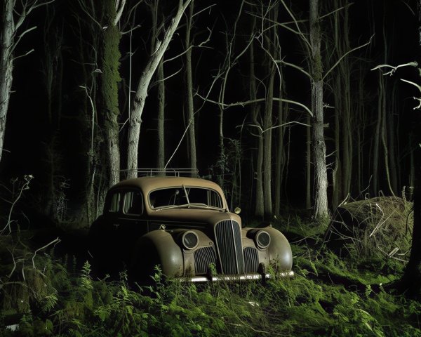 Old Car in Dark Forest Surrounded by Overgrown Foliage
