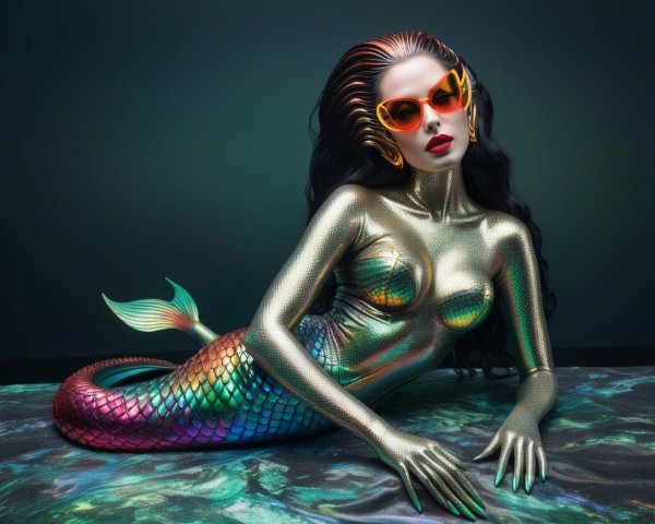 Futuristic mermaid with iridescent scales and sunglasses