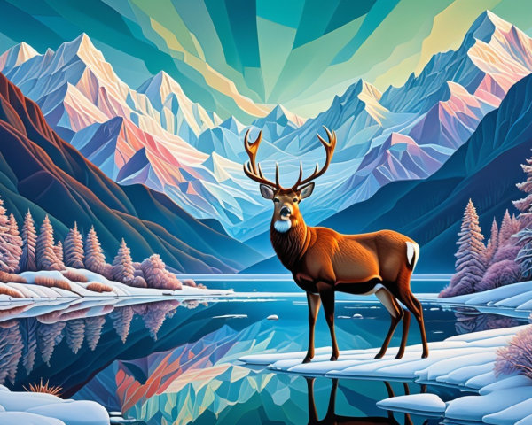 Majestic Stag on Frozen Lake with Colorful Peaks