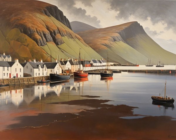 Quaint Harbor Scene with Mountains and Cottages