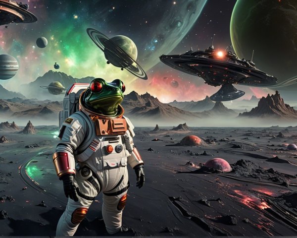 Whimsical Frog in Spacesuit on Lunar Surface Scene