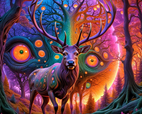 Majestic Deer in a Surreal, Vibrant Forest Scene