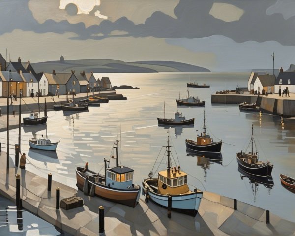 Harbor Scene with Quaint Houses and Boats