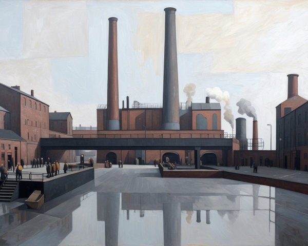 Mid-20th Century Industrial Scene with Smokestacks