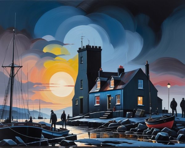 Coastal Lighthouse at Sunset with Fishermen and Boats