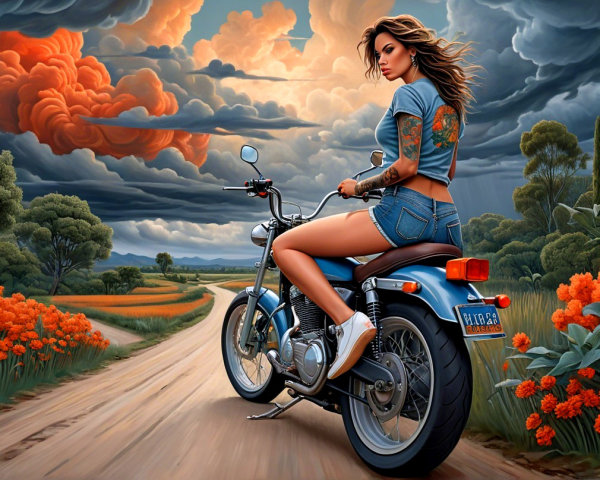 Confident Woman on Vintage Motorcycle in Scenic Landscape