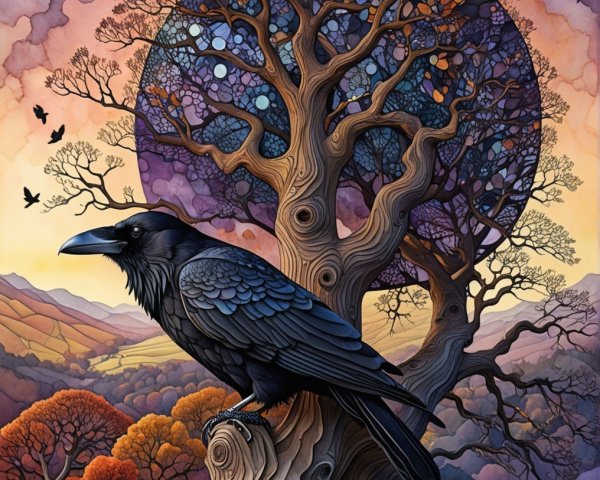 Raven on Gnarled Stump Against Colorful Sunset Sky