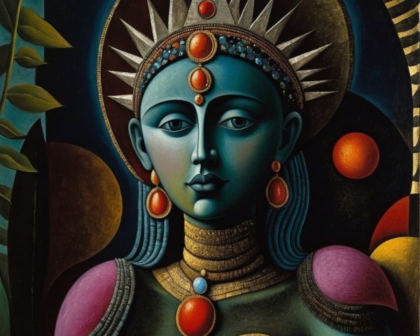 Stylized Female Figure with Blue Skin and Jewelry