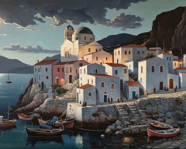 Coastal Village with Whitewashed Buildings and Harbor