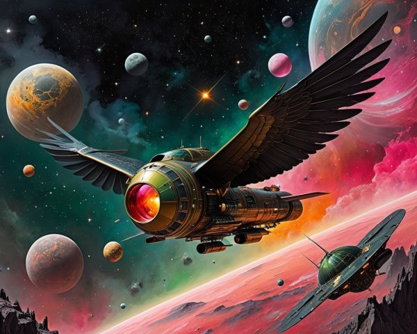 Owl-Inspired Spacecraft in a Colorful Cosmic Scene