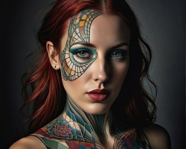 Portrait of a Woman with Colorful Tattoos and Red Hair