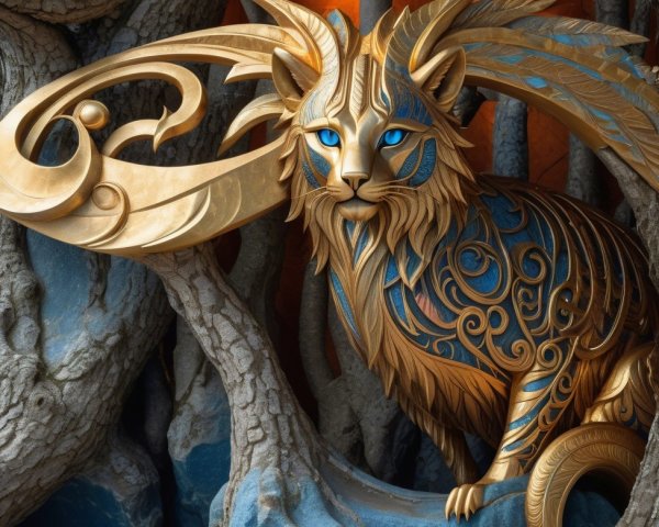 Golden and blue lion-like creature in a magical setting