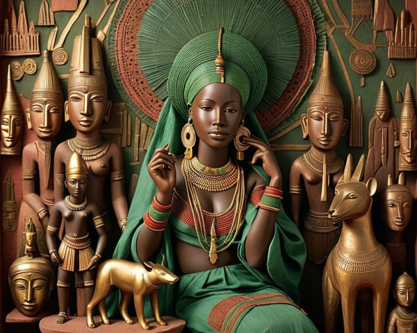 Regal Figure in Green Garment Amidst Ancient Sculptures