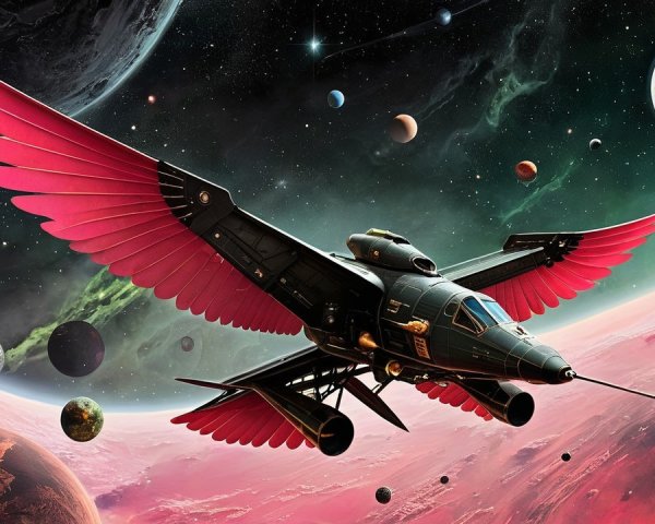 Futuristic spacecraft in vibrant cosmic landscape
