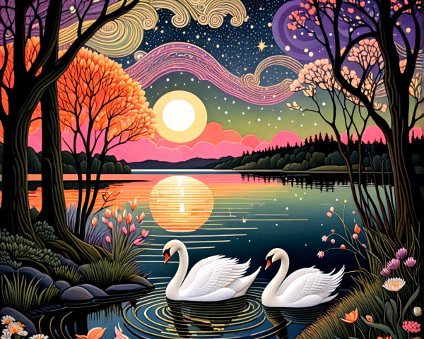 Twilight Scene of Swans on a Calm Lake