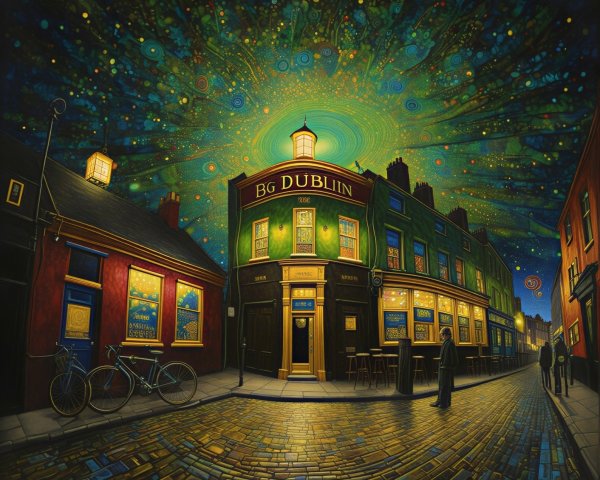 Dublin Night Street Scene with Pub and Starry Sky
