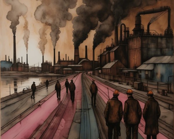 Somber Industrial Landscape with Workers and Smokestacks