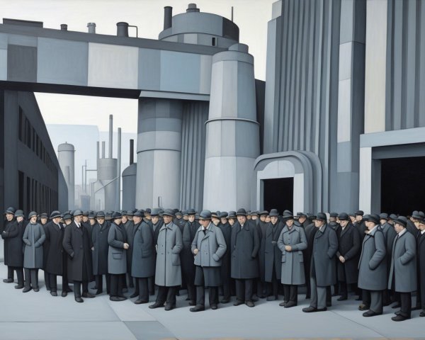 Group in Dark Coats Outside Industrial Complex