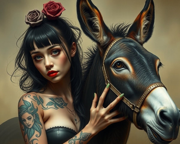 Stylized portrait of a woman with a donkey