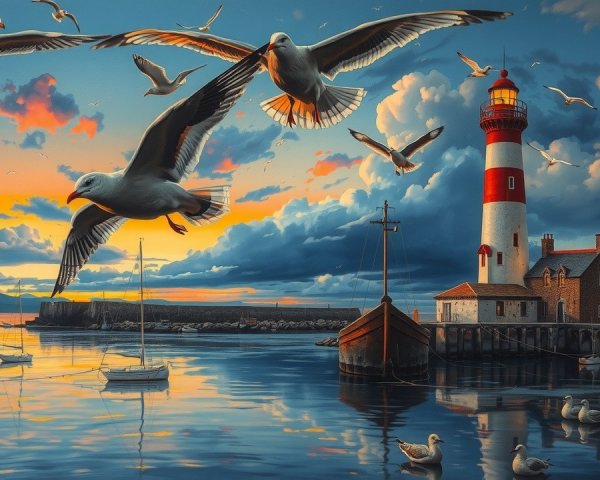 Coastal Sunset with Lighthouse and Seagulls Over Water