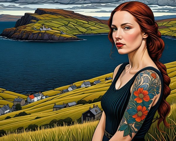 Woman with Red Hair Against Coastal Landscape