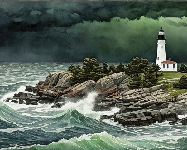 Dramatic Seascape with Lighthouse and Stormy Waves
