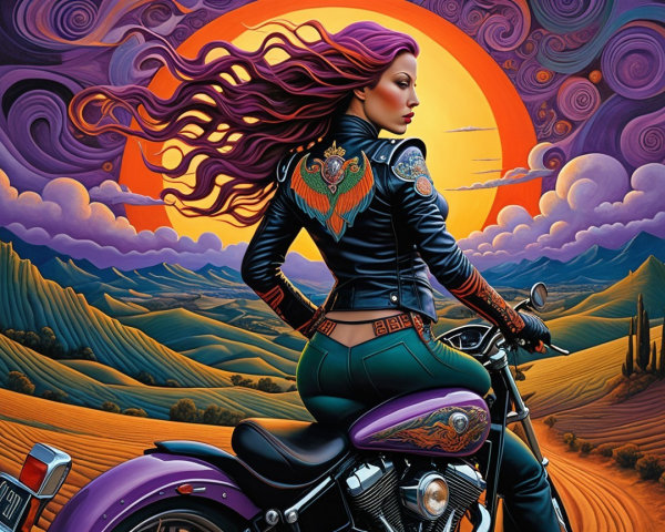 Woman with Vibrant Hair on Motorcycle at Sunset