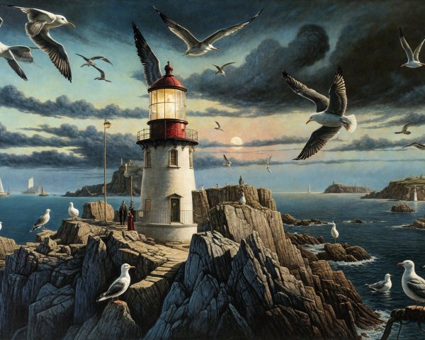 Dramatic Seascape with Lighthouses and Stormy Skies