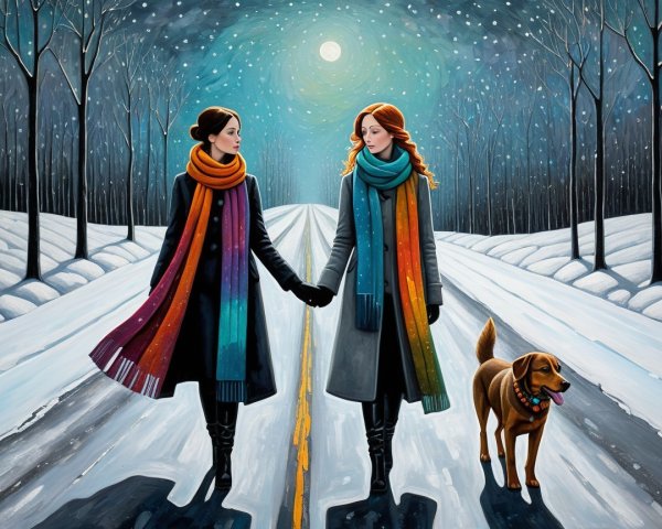 Women in Coats with Dog on Snowy Night Road