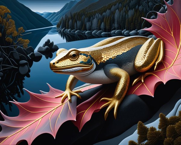 Vivid Frog on Red Leaf by Serene Riverbank
