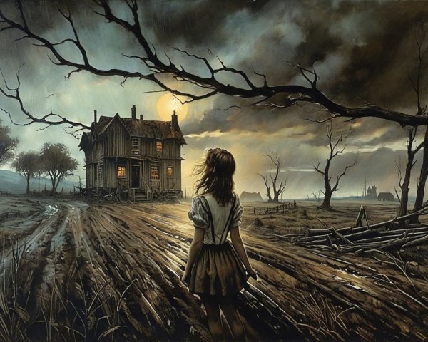 Girl on Muddy Path by Dilapidated House at Night