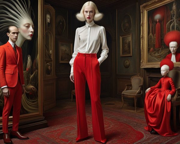 Fashion Scene in Opulent Room with Surreal Elements