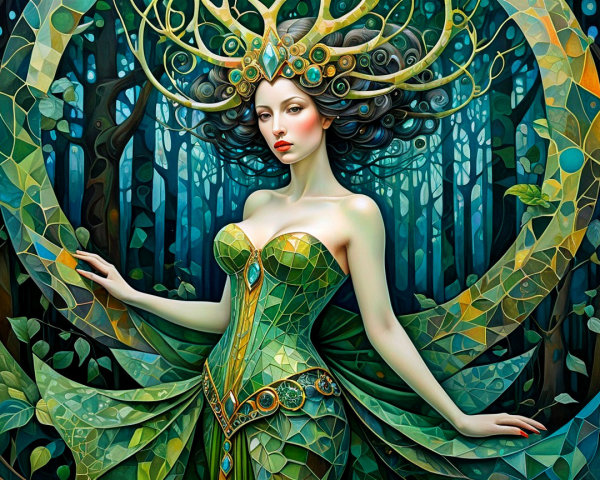 Mystical Figure in Emerald Gown in Vibrant Forest