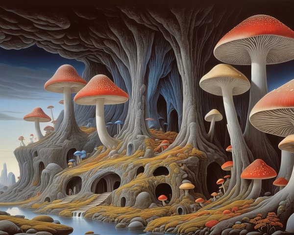 Whimsical Fantasy Landscape with Mushrooms and River