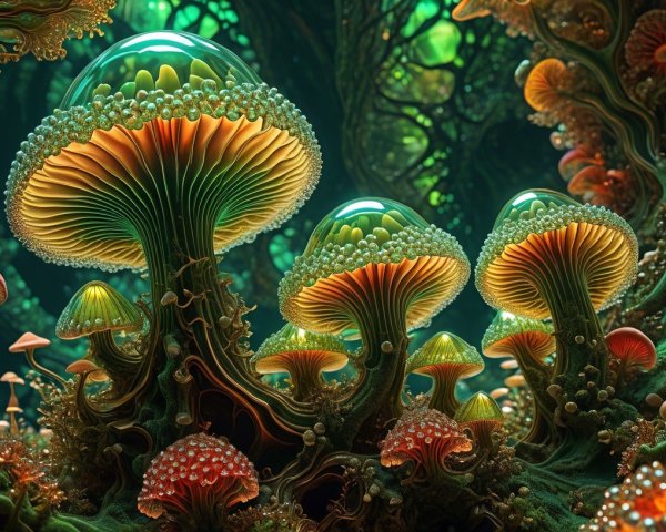 Vibrant Forest of Luminous Mushrooms and Fungi