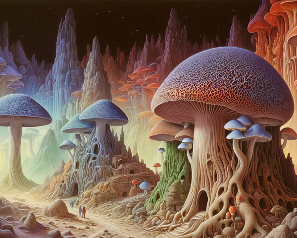 Mushroom Landscape with Human Figures in Fantasy Setting